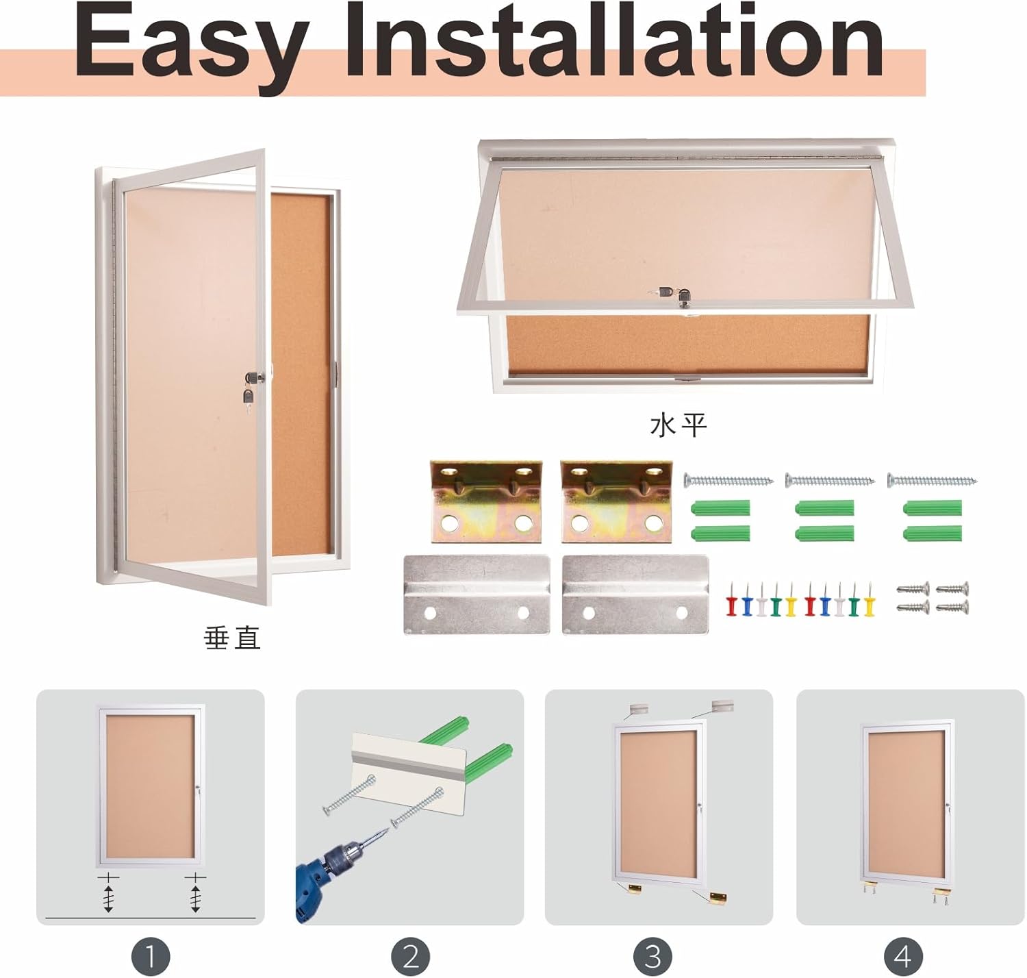 36×24 Inch Lockable Enclosed Bulletin Board, Weather-Resistant Outdoor Noticeboard with 2Locking Doors, Wall-Mounted Silver Aluminum Frame & Cork Presentation Board