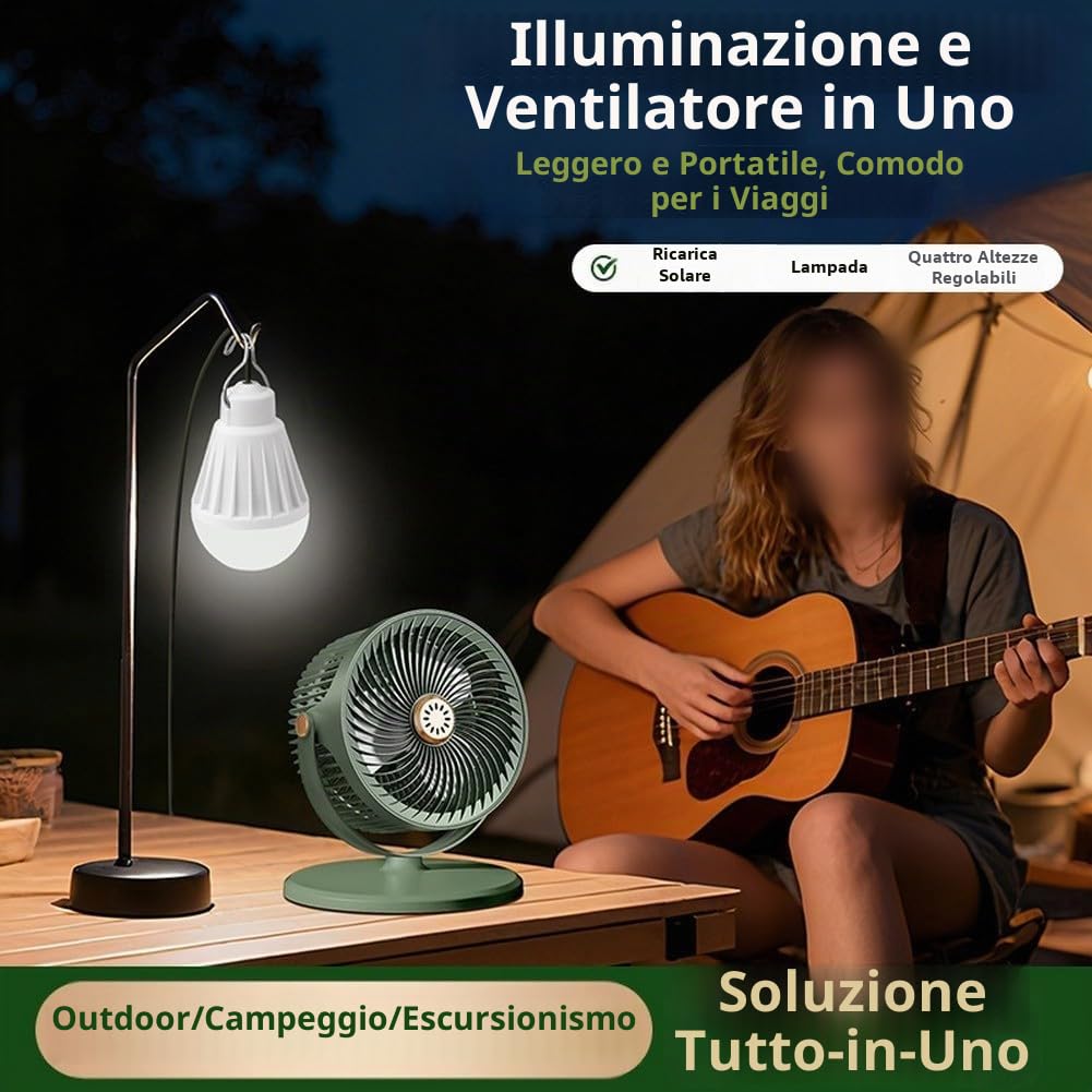 Ventilatore da pavimento compatto a energia solare con 5 velocità, ventilatore a colonna ricaricabile tramite USB, flusso d'aria regolabile a 360° e luce LED per esterni, casa, ufficio, campeggio