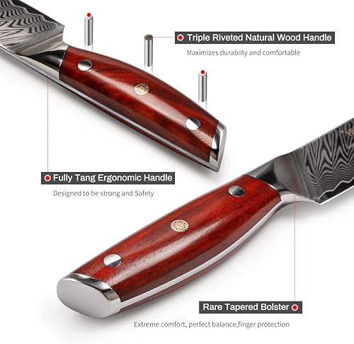 Miniatura 4 de YARENH Cuchillo para rebanar de 8 pulgadas, cuchillo de chef de Damasco, acero de 67 capas, hoja ultra afilada, borde duradero, resistente al óxido,
