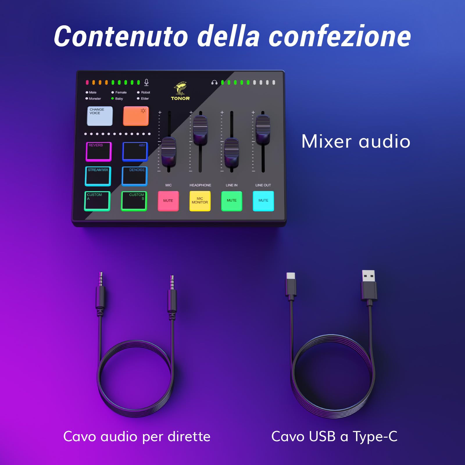 TONOR Gaming Mixer Audio PC, Mixer RGB con Canale XLR e 6,35 mm per Streaming, Podcast, Registrazione, Interfaccia Audio per TikTok, Youtube, Twitch, Controllo del Volume Individuale, Pulsante Mute