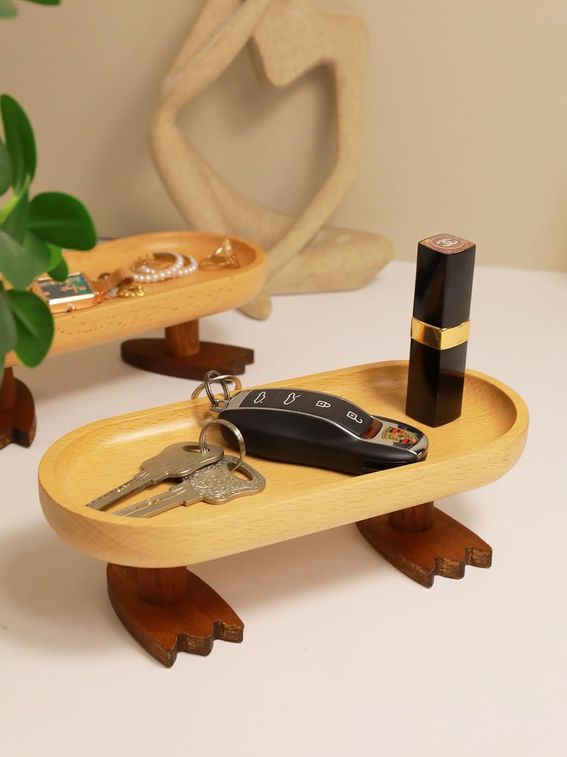 Wood Key Tray for Entryway Table, Key Bowl, Jewelry Tray, Valet Tray with 2 Cute Duck Feet, for Rings, Wallet, Watch, Remote, Coin, Bracelets