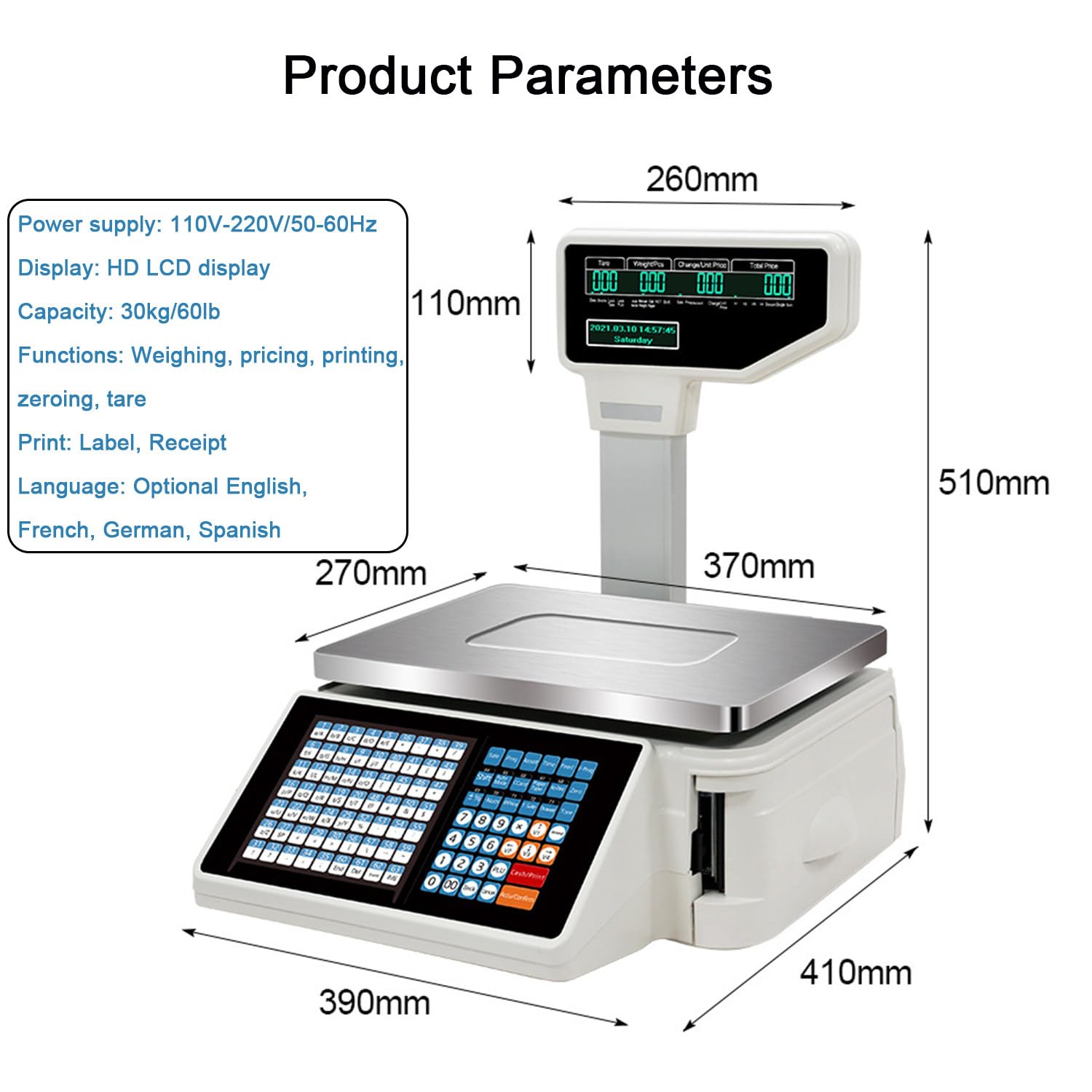 Bilancia elettronica di calcolo dei prezzi con stampante termica per etichette e display a palo per negozi di alimenti e carne al dettaglio, include macchina e scanner