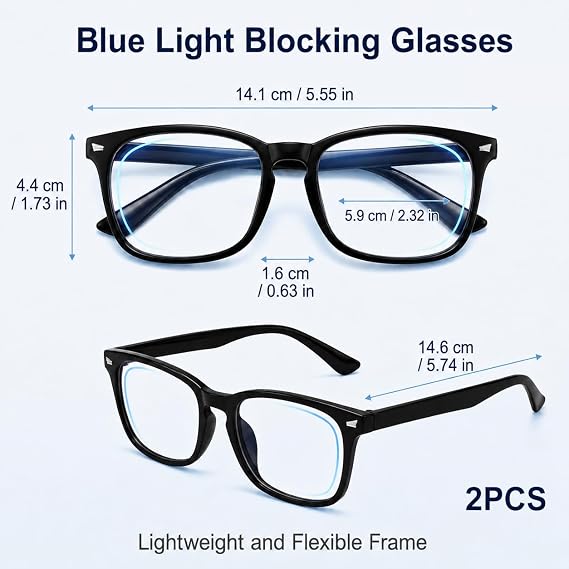 2 Pack Blue Light Blocking Glasses for Women Men, Lightweight Anti Glare Computer Glasses, Fashion Clear Lens Gaming Glasses for Eye Strain Relief and UV Protection