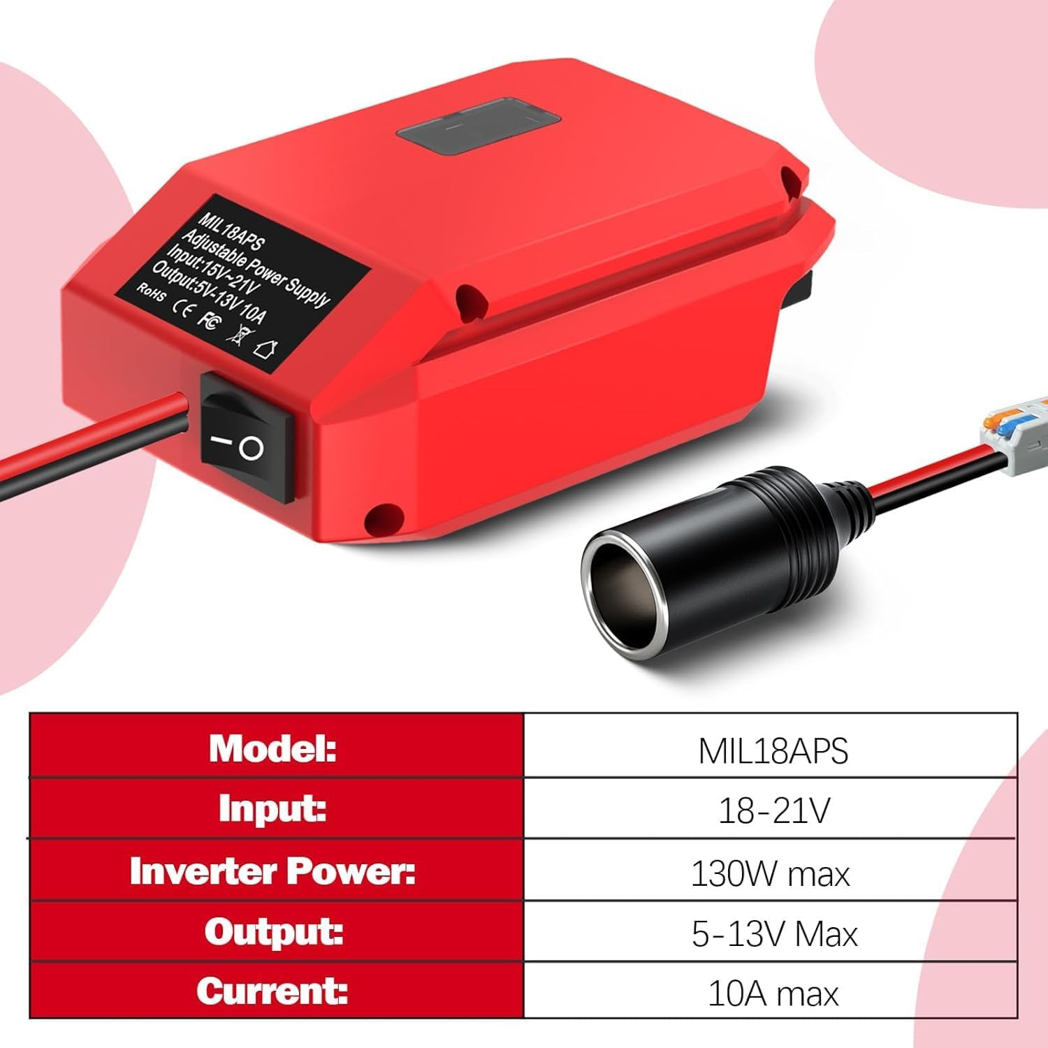 18V to 12V Step Down Converter for Milwaukee, Power Wheel Adapter for Milwaukee M18 Battery with Cigarette Lighter Plug, DC 13V 10A 130W Voltage Converter for Car DIY(No Battery)