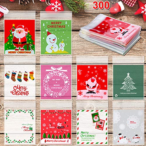 Konsait 300pcs Christmas Cellophane Bags, Christmas Cookie Candy Treat Bags Self-adhesive Sweets Biscuit Bags Plastic Bags for Christmas Party Favors Supplies,Xmas Santa Snowflake Goody Bags