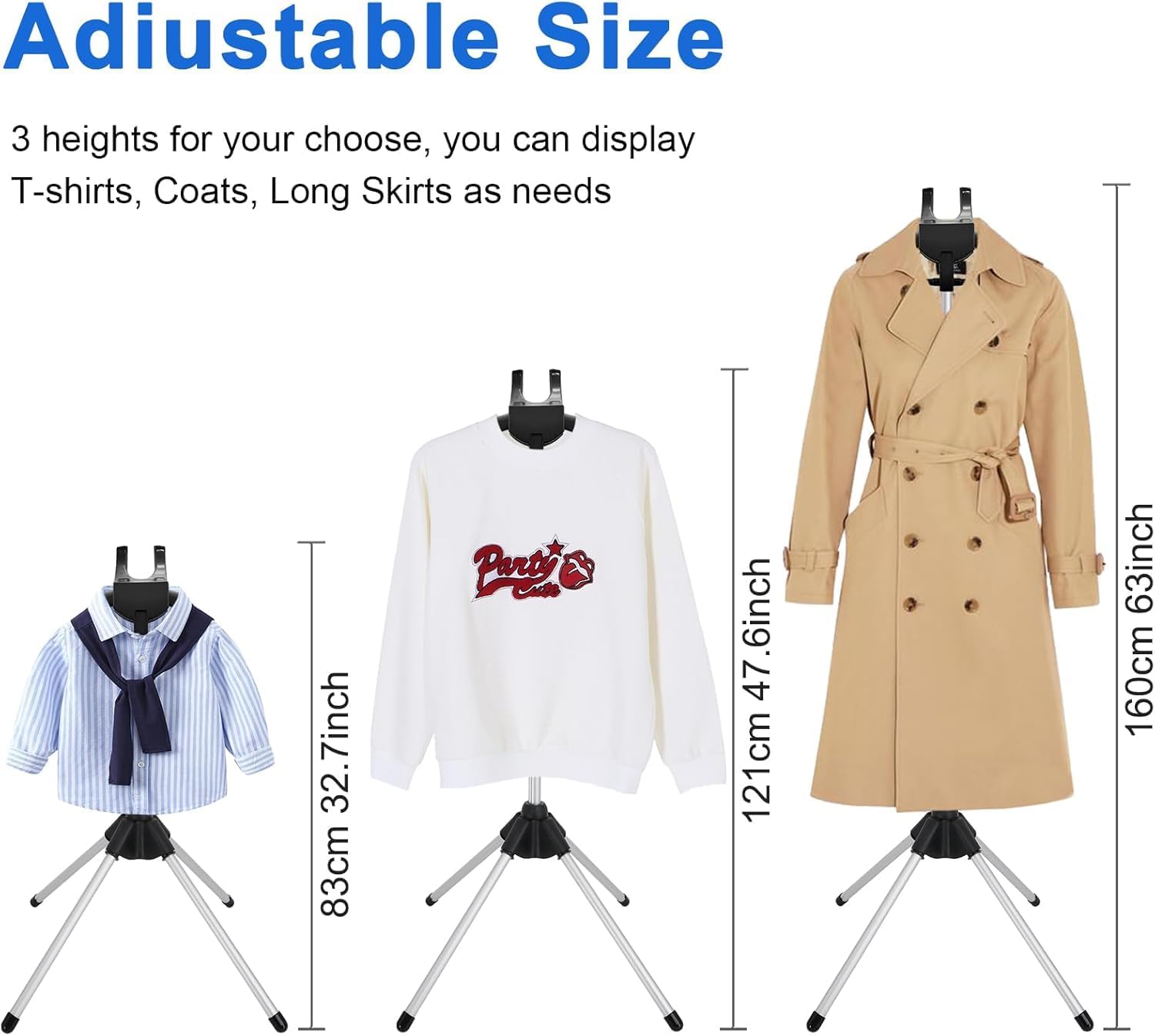 Adjustable Garment Display Stand Foldable Tripod Clothing Rack 3 Height Settings 32.7 to 63 Inch for T-Shirts Coats Long Skirts Kids Adult Clothes Photography Portable Mannequin (Black)