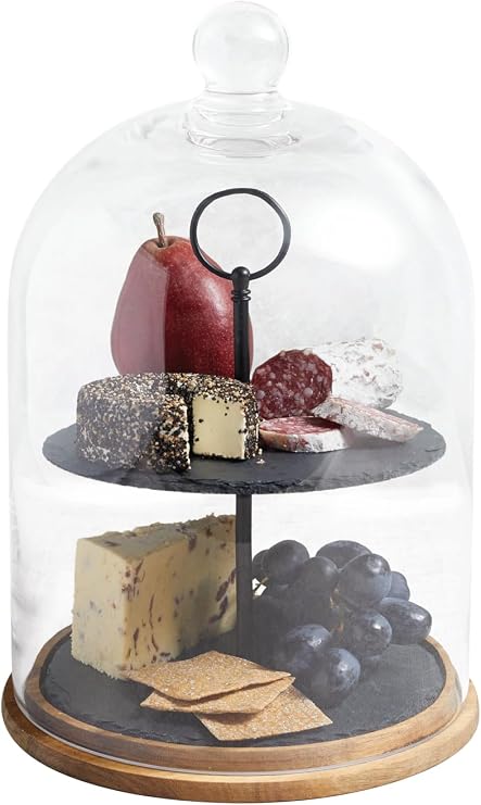 Artesà 2-Tier Serving Stand/Cake Dome, Glass Cloche Food Display Cover / Storage with Tiered Slate Platters and Wooden Base, 22 x 31 cm - Black/Clear Glass/Wood