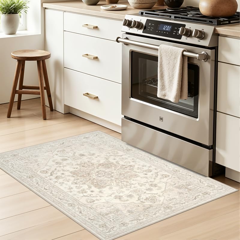 Washable Area Rugs 2x3: Living Room Bedroom Carpet Beige White | Vintage Boho Soft Small Indoor Decor Floor Non-Slip Low Pile Neutral Farmhouse Entryway Laundry Bathroom Bedroom Beside Rugs thumbnail