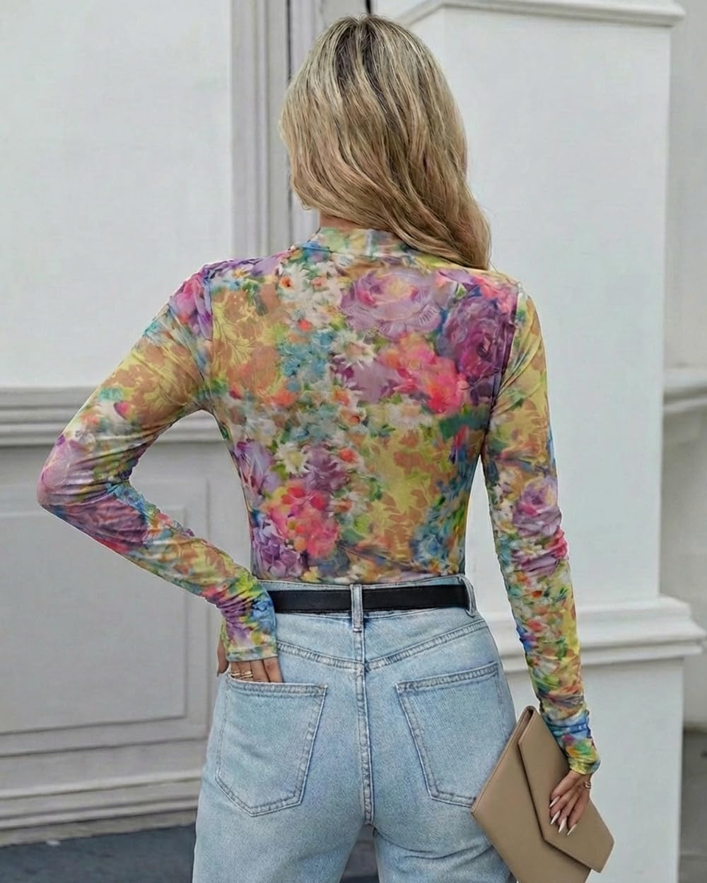 CHICME Womens Floral Mesh Long Sleeve Tops Crewneck See Through Fitted Shirts Sexy Sheer Going Out Blouses - Image 3