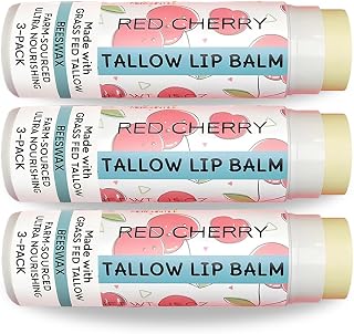 Tallow Lip Balm by Cattle Creek – Organic, All-Natural Ingredients, Long-Lasting Moisture and Hydration for Dry, Cracked, and Chapped Lips, Soothing Formula for Soft Skin (Pack of 3, Red Cherry)