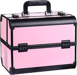 Professional 12.6 inches Large Makeup Train Case 4 Trays Cosmetic Cases, Large Makeup Storage Organizer Box with Lock GreenLife® Aluminum Frame Black/Pink Big Opening Enlargeable items Rounded corners