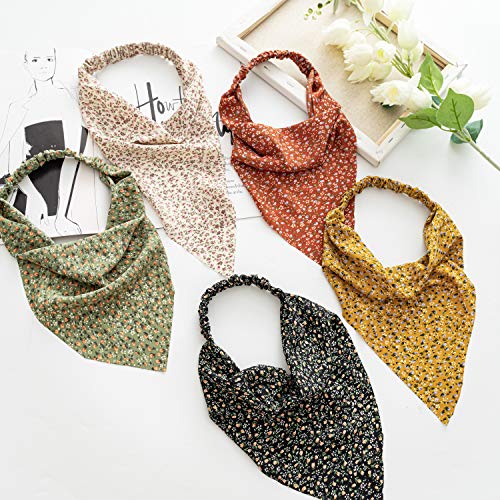 Dinprey 5 Pcs Chiffon Turban Head Kerchief Scarf Floral Hair Bandanas Scarf Floral Triangle Head Scarves Headband Boho Headbands Elastic Hair Bands Floral Hair Scrunchies #TOP1
