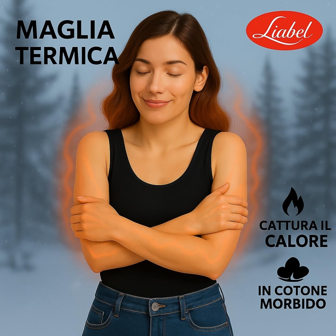 Liabel - Set 2 Maglie Termiche da Donna, Cotone Puro 100%, Mezze Corte o Spalla Larga, Bordo Raso, Trattamento Termico, Felpatura Soffice Bianche e Nere