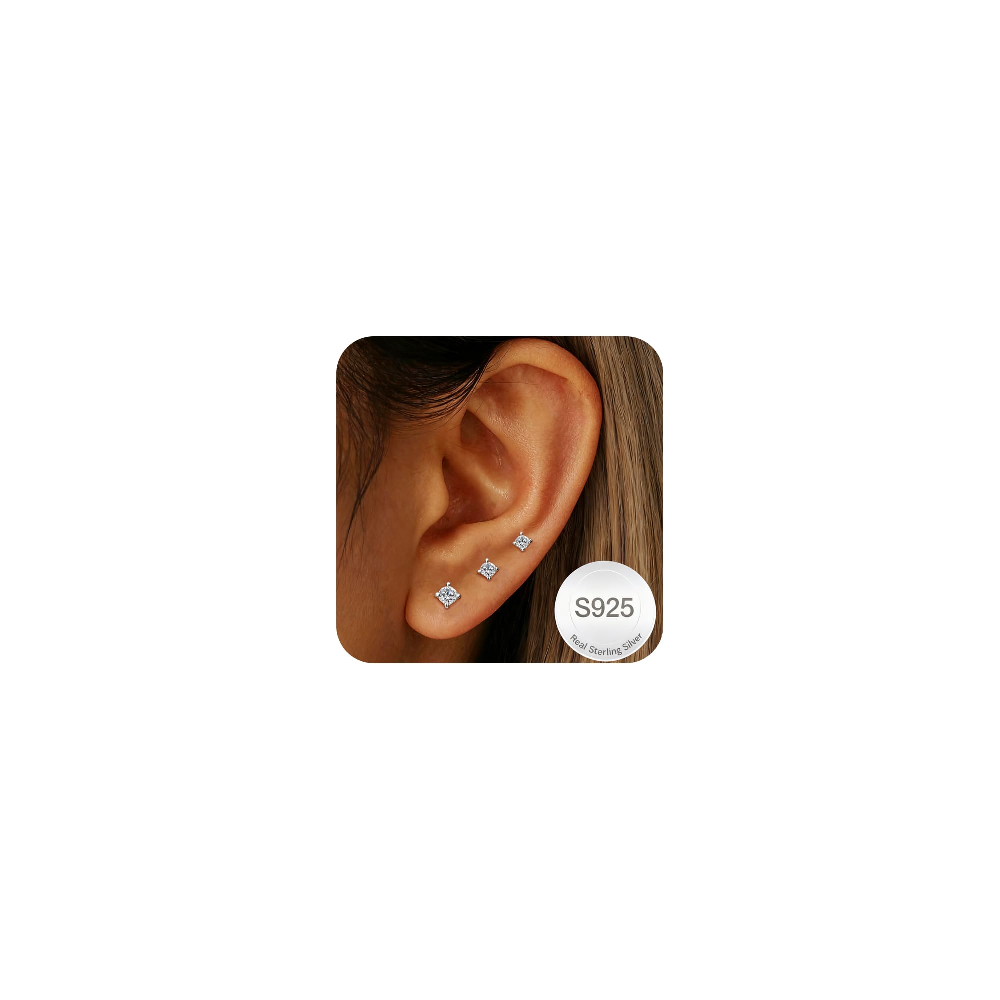 3 Pairs 925 Sterling Silver Earrings Set for Women Hypoallergenic 14K Gold Studs Earring for Multiple Piercing Small CZ Dot Star Flower Heart Earring Cartilage Stacks Earrings Set Jewelry Gifts