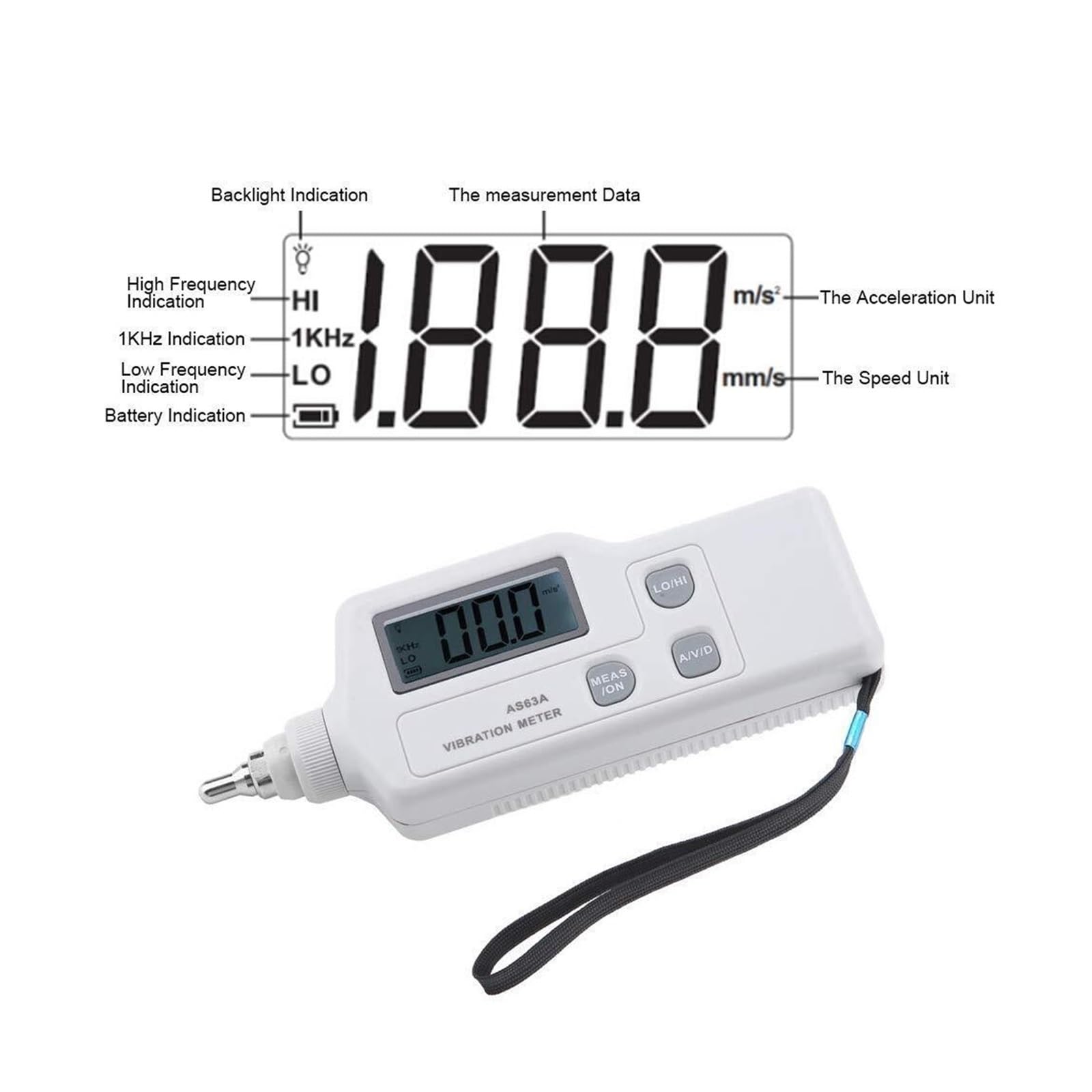 Analizador de vibraciones, Medidor de vibración portátil AS63A, analizador vibración/aceleración/desplazamiento, vibrómetro
