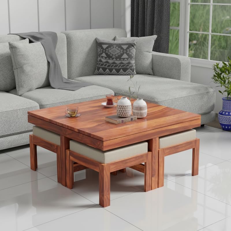 Image of Solid Sheesham Wood Coffee Table with 4 Stool | Center Table with 4 Stools for Living Room | Rosewood Teapoy Table with Cushioned Stool (Traditional,Honey Finish)