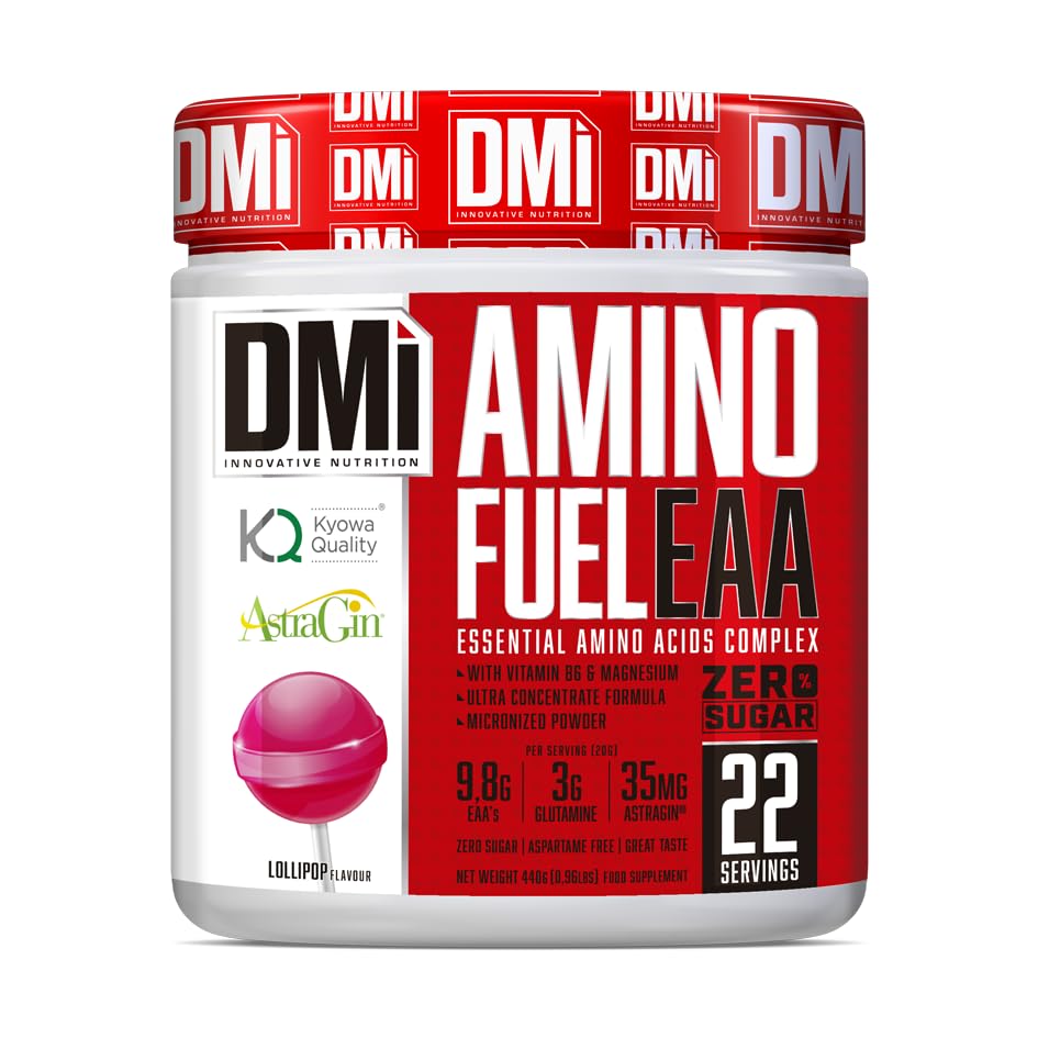 DMI INNOVATIVE NUTRITION Amino Fuel EAA 440 g Sabor Piruleta – Complejo de Aminoácidos Esenciales con Glutamina Kyowa Quality®, Magnesio y Vitamina B6 – Recuperación y Masa Muscular – sin Azúcar