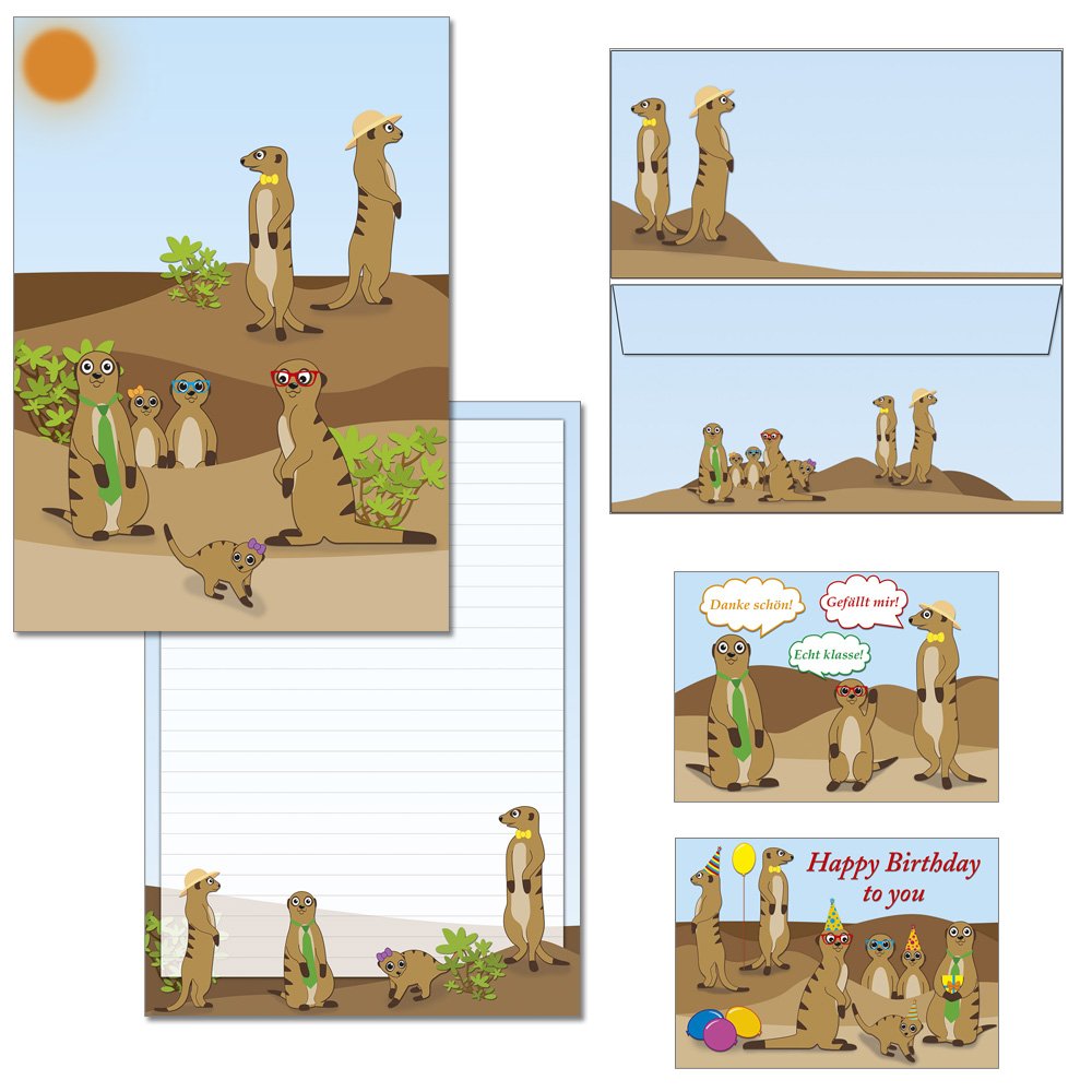 Meerkat Writing Pad - 1 Writing Pad DIN A4 Lined + 15 Envelopes DIN Long + 2 Postcards 7230 + 692-15M