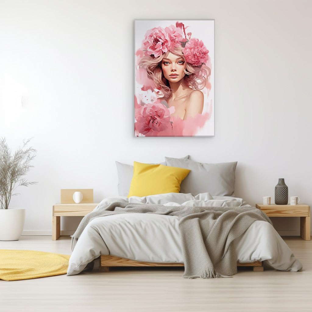 Canvas for Living Room. Enigmatic Elegance: A Dreamy Portrait of a Crowned Muse in Bloom, 27 x 18 inch Canvas Wall Art - Contemporary Masterpieces - Inspirational Office Decor