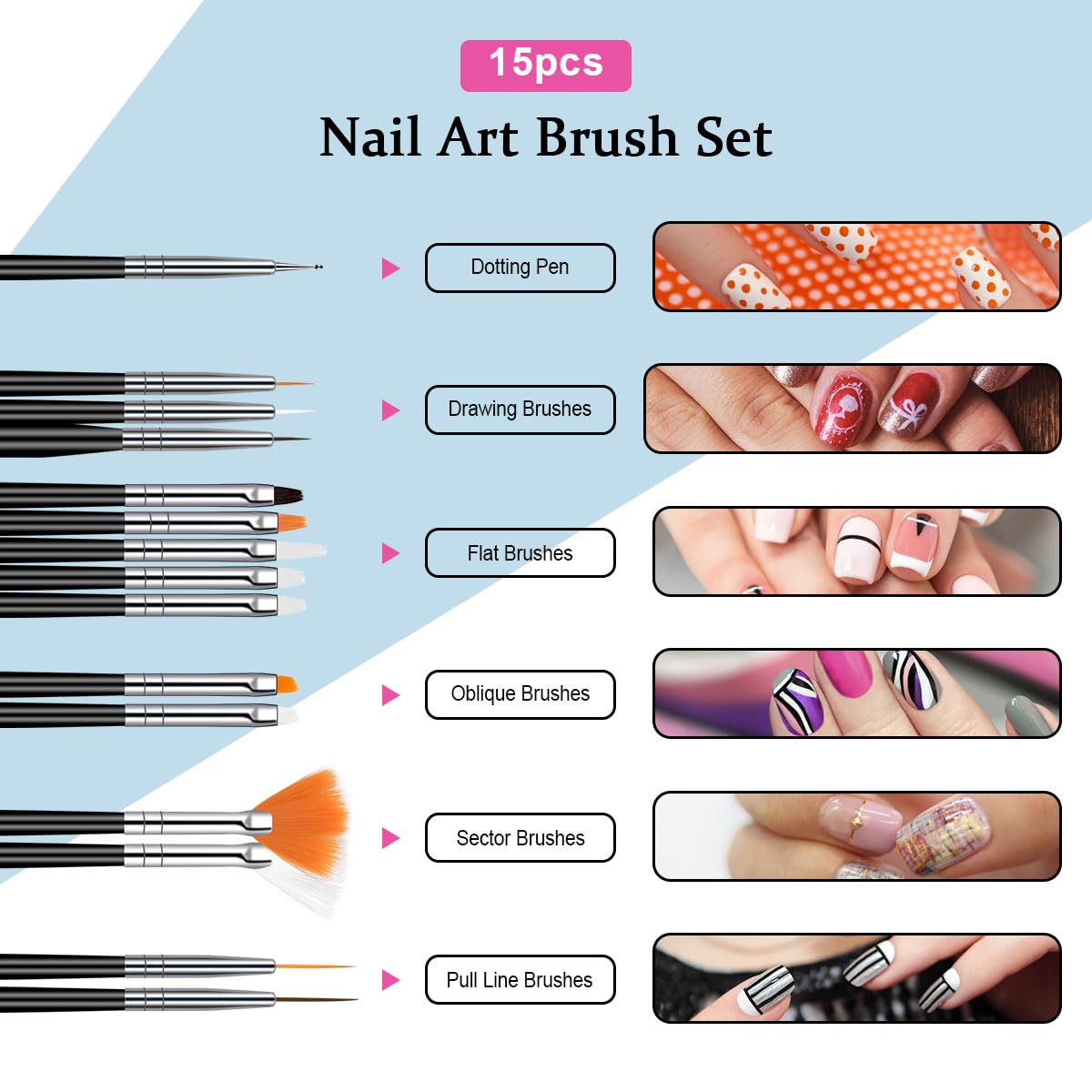 Nail Art Pennelli Unghie, 15 Pezzi Pennelli Unghie Gel e 5 Pezzi Dotter per DIY Disegno Decorazioni, Pennelli Nail Art Professionali per Disegnare DipingereLlinee e Fiori, Nero