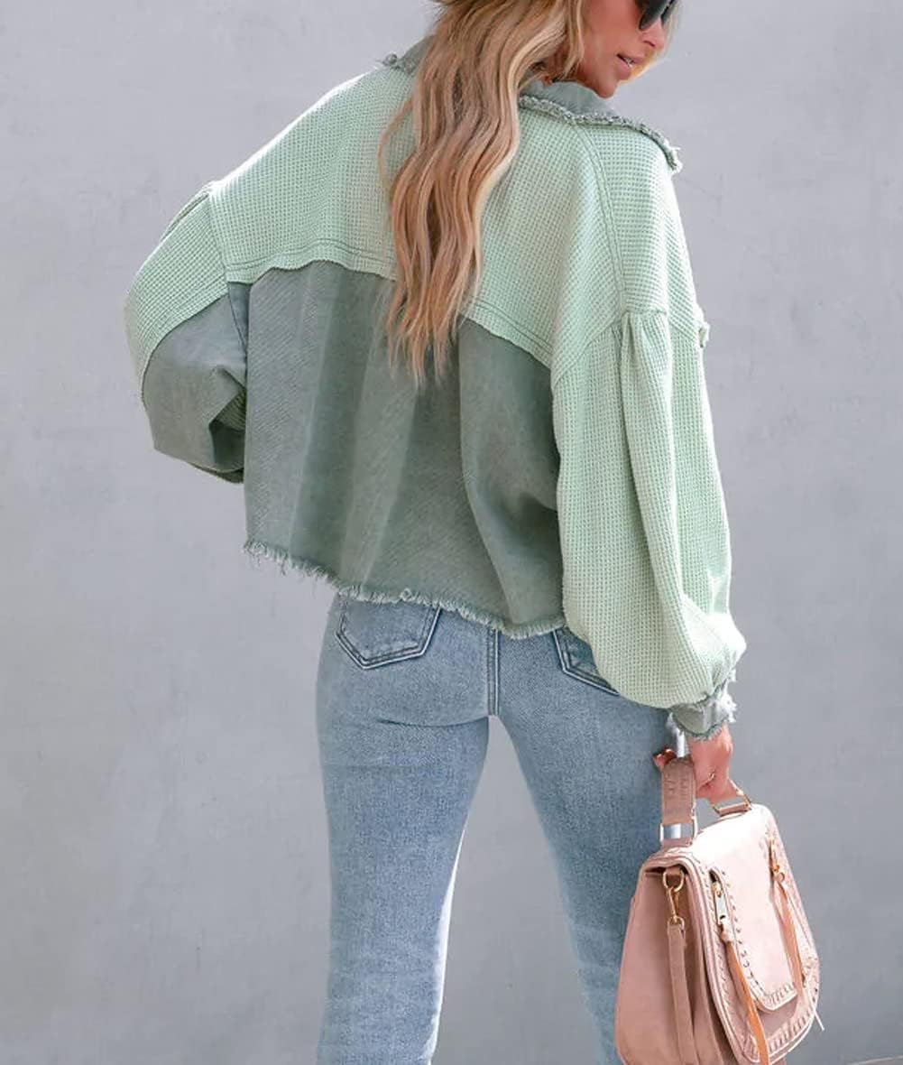 CHARTOU Women's Oversized Waffle Knit Shacket Cropped Color Block Jean Patchwork Blouse Shirt