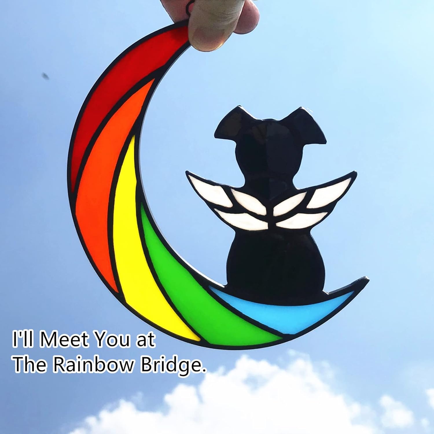 Stained Glass Rainbow Bridge Dog Memorial Gifts for Loss of Dog Sympathy Remembrance Suncatcher, Angel Wings Pet Loss Bereavement Gifts in Memory of Pet Passing Away Window Hanging.