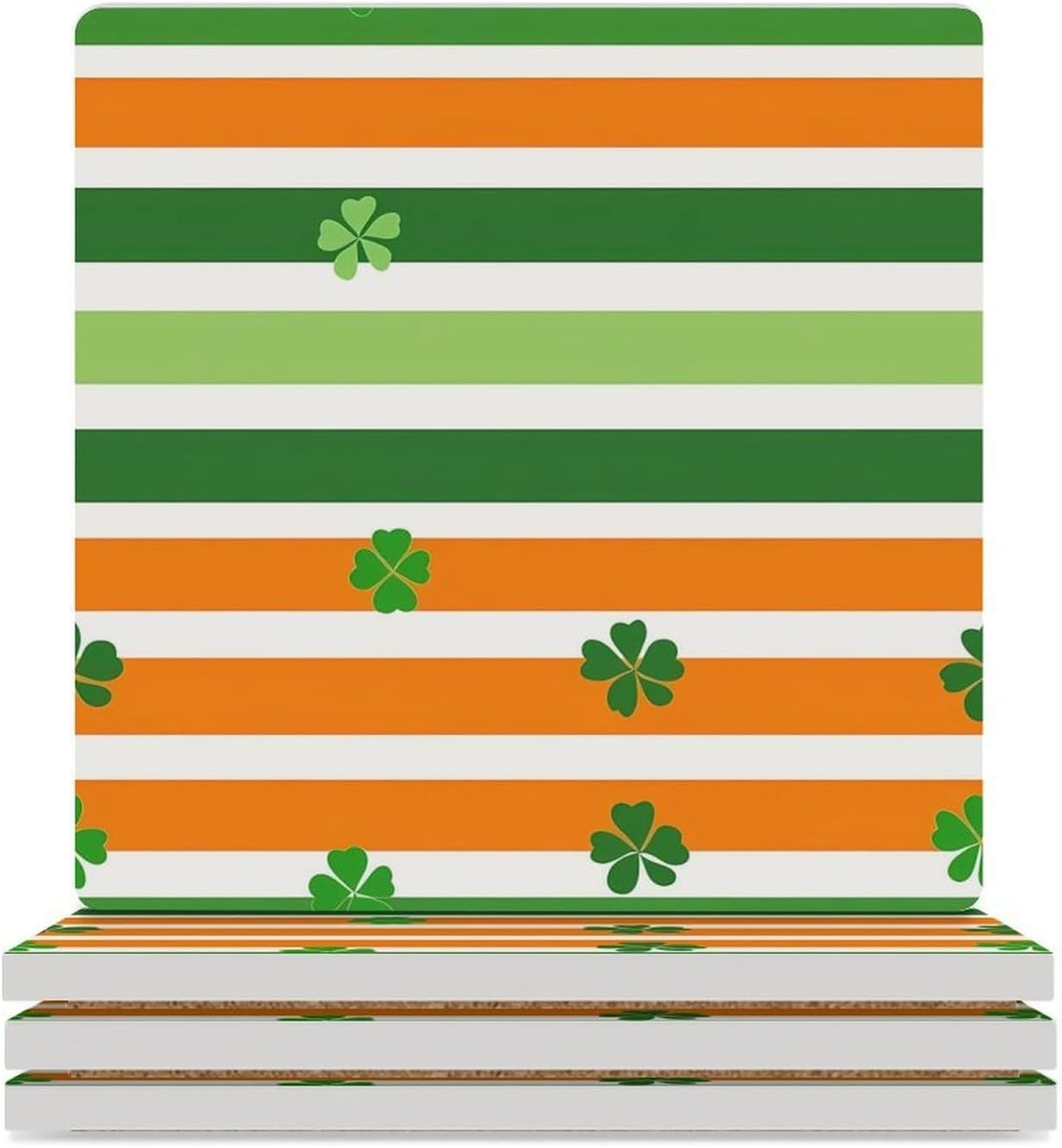 St-Patrick's-Days Stripe Coasters for Drinks Square Table Coasters Set Cup Mats with Cork Base