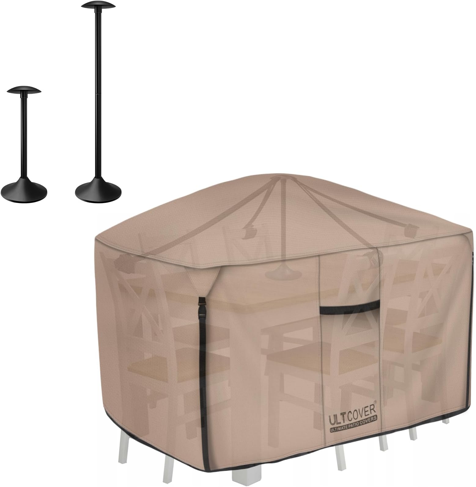 Heavy Duty Rectangular Patio Table and Chair Cover 111L x 74W x 28H inch Bundle with Furniture Cover Support Pole