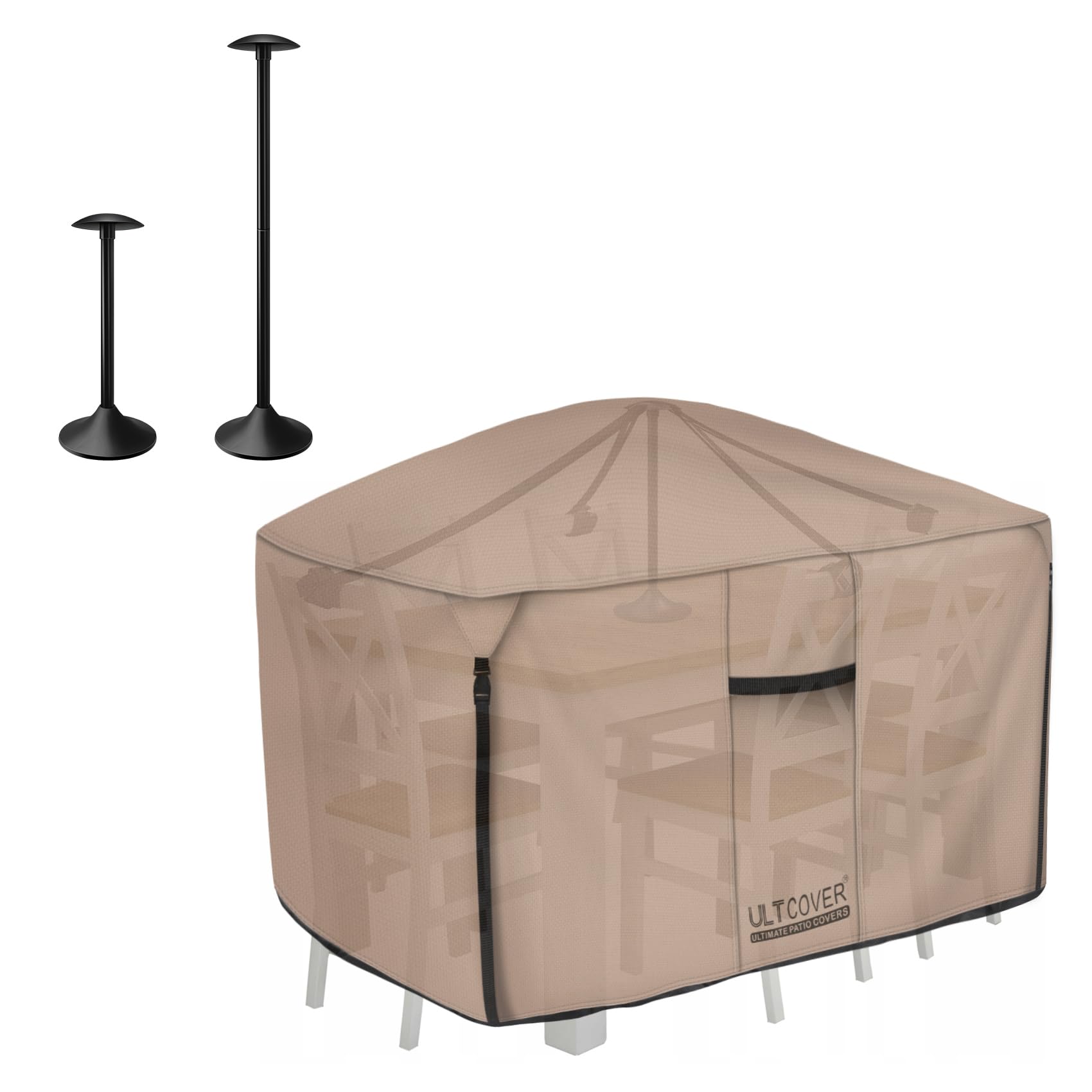 Heavy Duty Rectangular Patio Table and Chair Cover 111L x 74W x 28H inch Bundle with Furniture Cover Support Pole