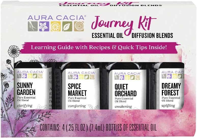 Aura Cacia Journey Essential Diffusion Oils Kit, 4-Pack, Spice Market, Dreamy Forest, Quiet Orchard & Sunny Garden Pure Oils