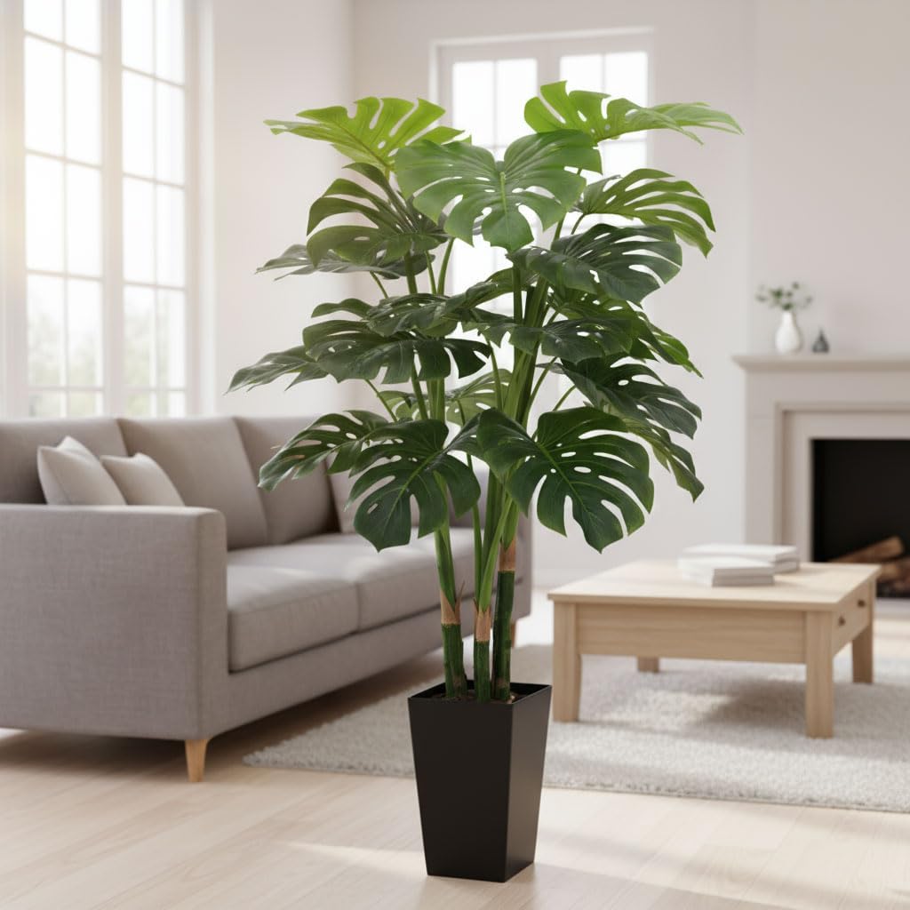 Aveyas 4ft Tall Artificial Monstera Deliciosa Plants, 4 ft Faux Swiss Cheese Plants Fake Silk Tree with Pot for Indoor Outdoor Office House Living Room Home Decor (4 Feet Tall Including Raised Pot)