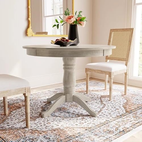 ND INTERNATIONAL Round Pedestal Dining Table, Solid Wood Traditional Design with Antique White Finish Round Kitchen Table for Dining Room, Breakfast Nook