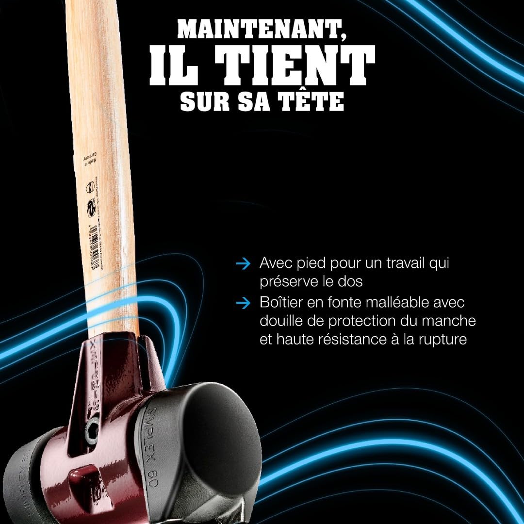 Marteau de frappeur SIMPLEX, Caoutchouc chargé avec pied intégré/superplastique; avec boîtier en fonte malléable, manche en bois hickory de haute qualité | D=80 mm | 3027.281