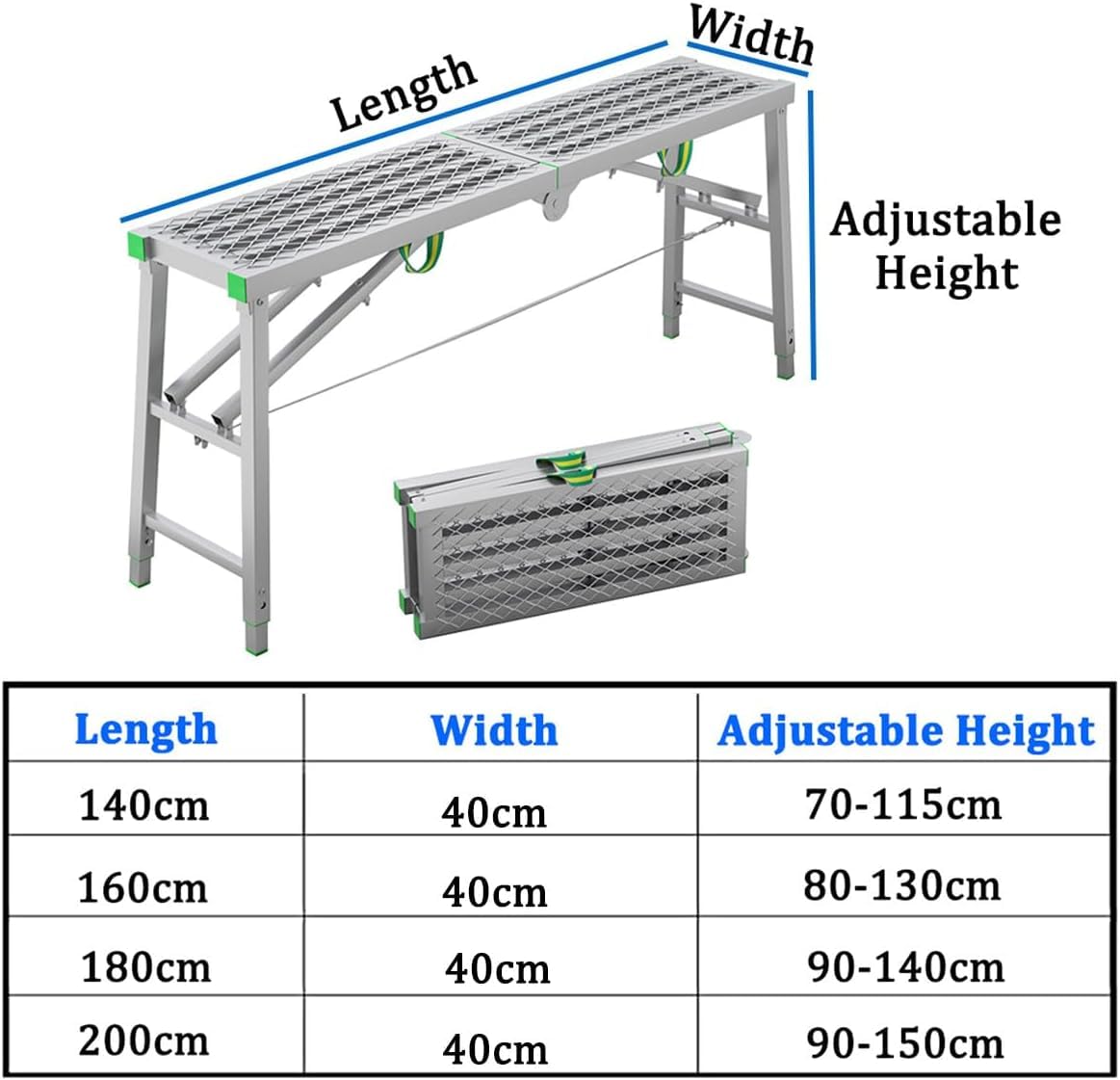 Plataforma de trabajo plegable, andamio de aluminio ajustable en altura y taburete, solución portátil y versátil para uso doméstico y profesional