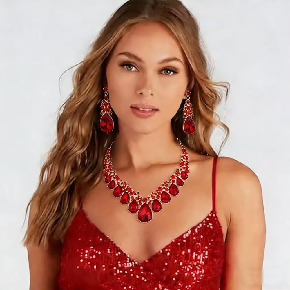 Crystal Teardrop Bridal Jewelry Set Rhinestone Bib Statement Necklace Dangle Earrings Women Costume Fashion Necklace for Wedding Prom - Image 2