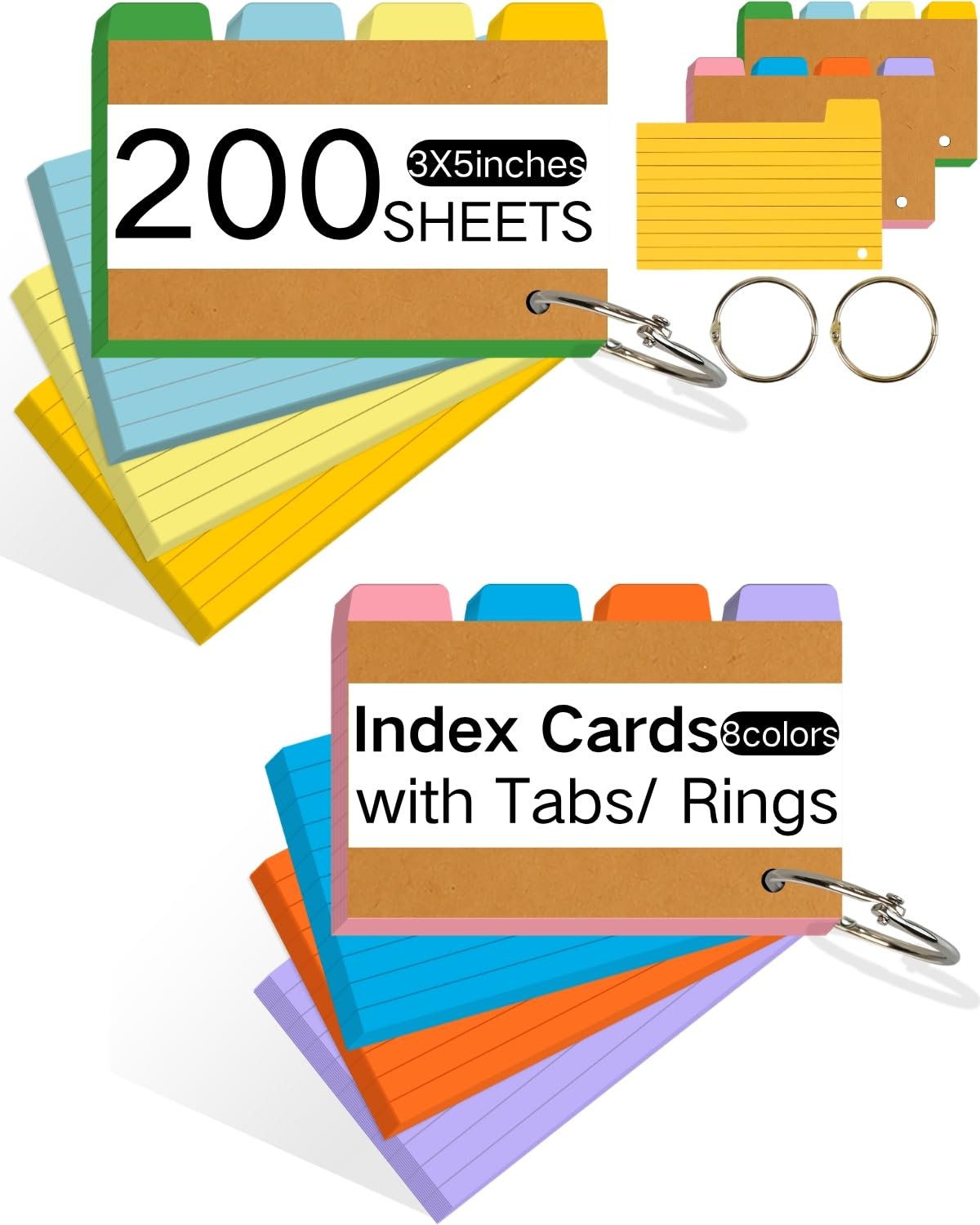 200PCS Tabbed Index Cards with Ring 3x5: Lined Colored Flash Card with Tabs