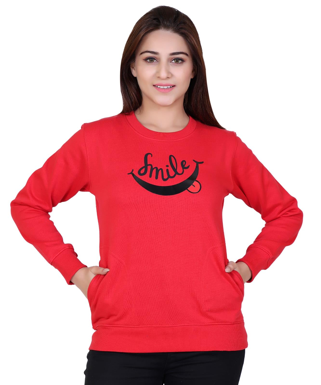 hold Smile Print Red Sweatshirt, Long Sleeve Crew Neck, Casual Wear-picture-11