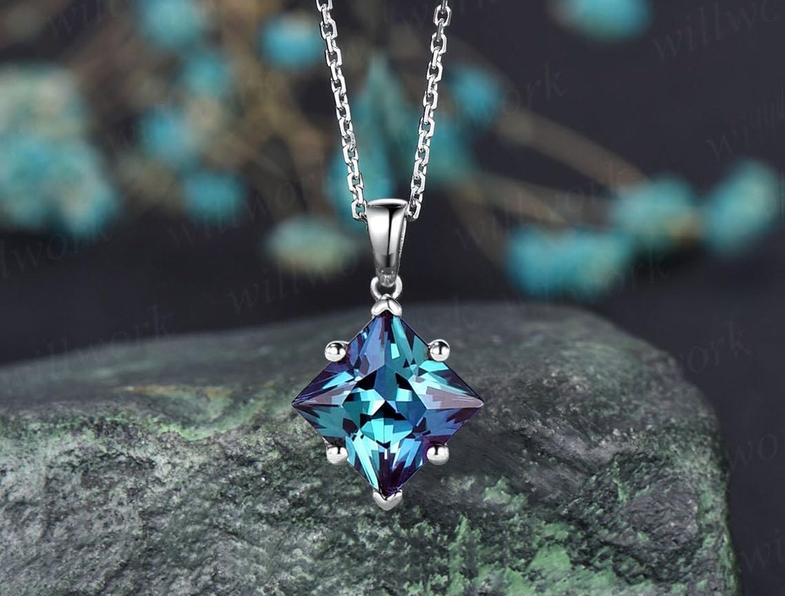 Princess cut alexandrite necklace solid 14k rose gold vintage unique Personalized pendant women her gemstone anniversary bridal gift mother(without Chain)