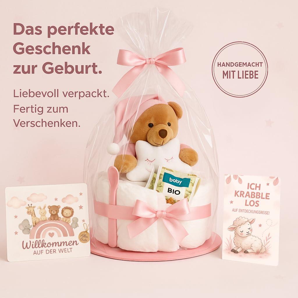 Gâteau de couches pour bébé fille - Rose - Cadeau de naissance et baptême avec doudou