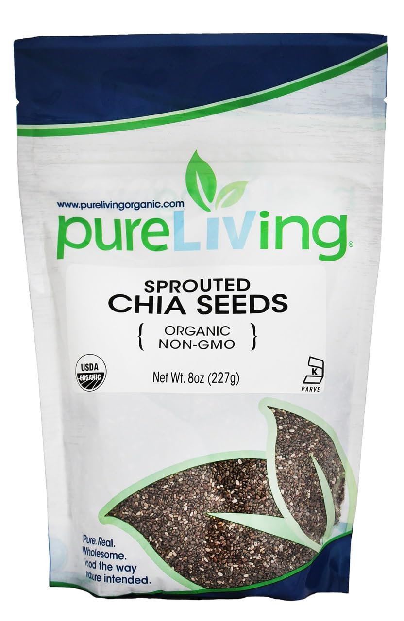 Pure Living Organic Sprouted Chia Seeds, High Fiber and Protein, 6 Count of 8 oz Bags