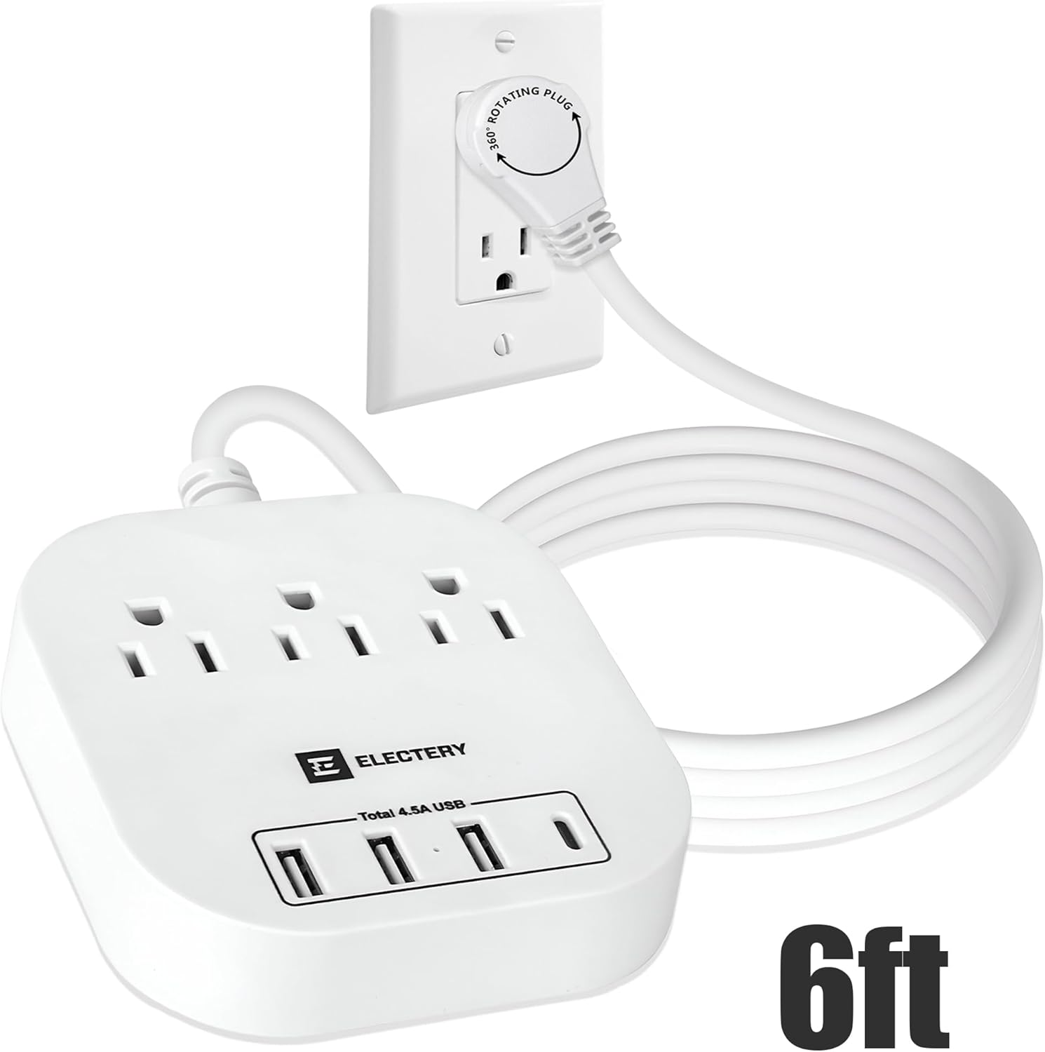 360° Rotating Flat Plug Power Strip, 6 Ft Extension Cord with 3 AC Outlets, 4 USB Ports 16 AWG Wire for Home, Office, and Travel - ETL Certified, White