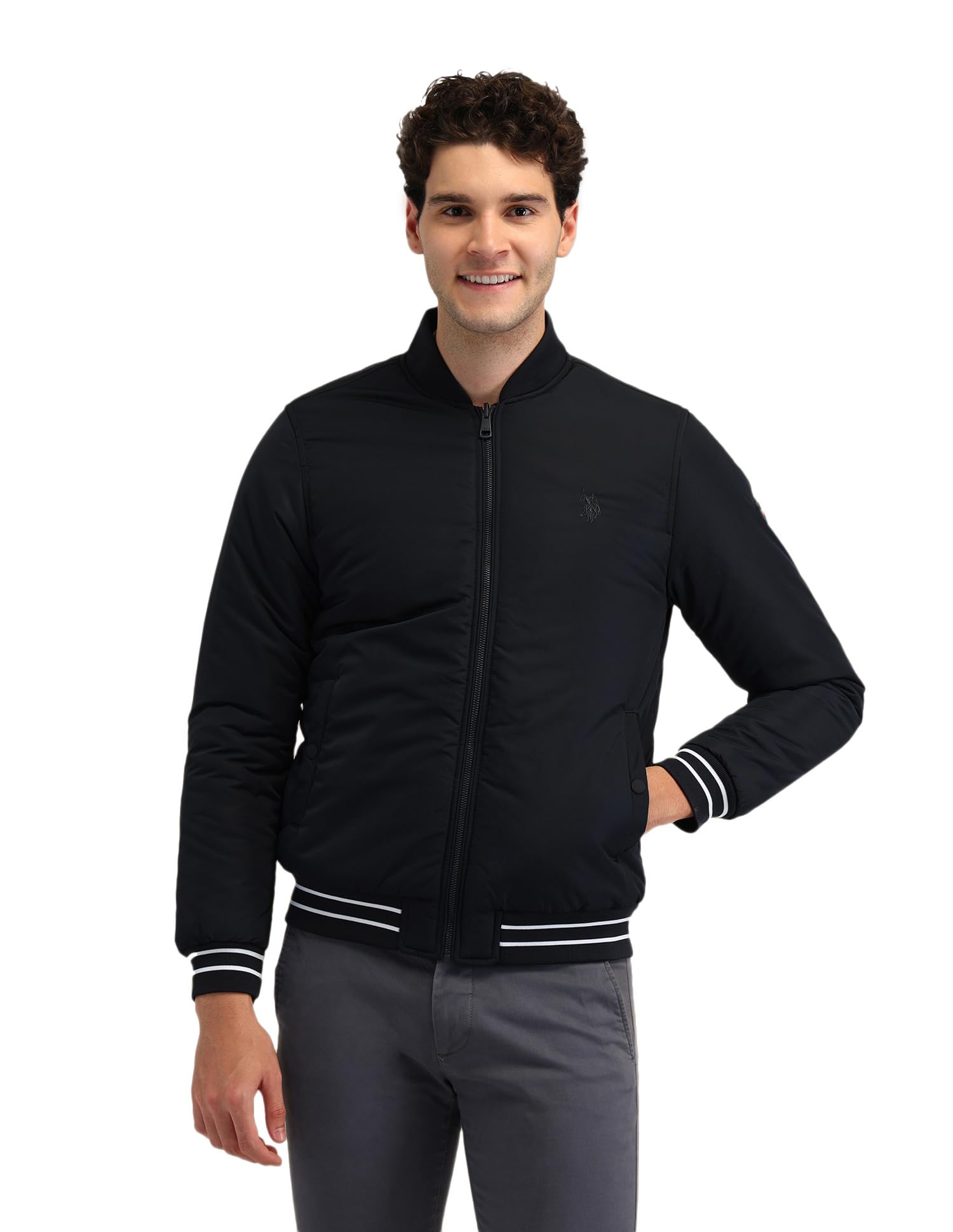 u.s. polo assn. Men's Blue Solid Mock Collar Long Sleeve Casual Polyester Regular Fit Jacket-picture-22