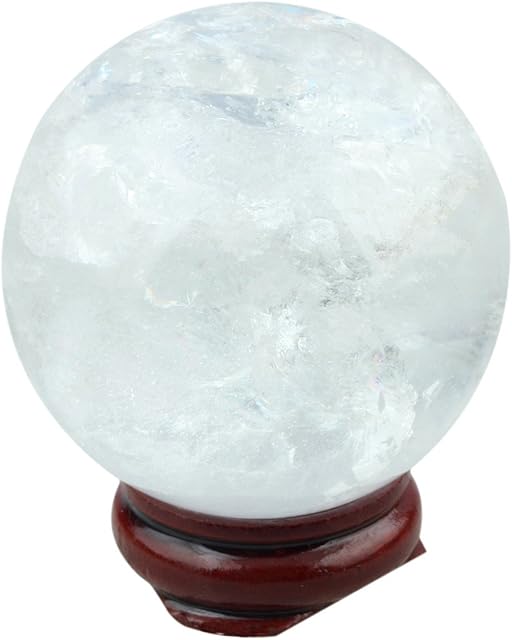 mookaitedecor Natural Rock Quartz/Clear Quartz Crystal Ball with Wood Stand, Healing Crystal Sphere Figurine Feng Shui Decoration for Good Luck Desk Decor, Sphere Diameter 40-45mm, Total Weight 135g