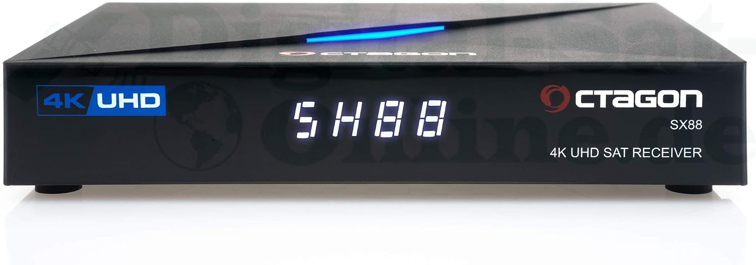 Front view of the Octagon SX88 4K UHD S2+IP Smart Set-Top Box, showing the 4K UHD logo and digital display.