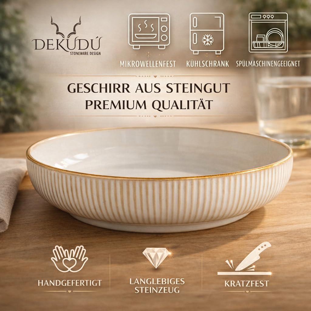Pastateller Tief Suppenteller Tiefe Teller Steingut Teller set - Handgefertigt - Hochwertiges Steinzeug- 6 Stück - Ø 19,5cm-Steingut Geschirr-Spülmaschinen Mikrowellen Kratzfest-Beige