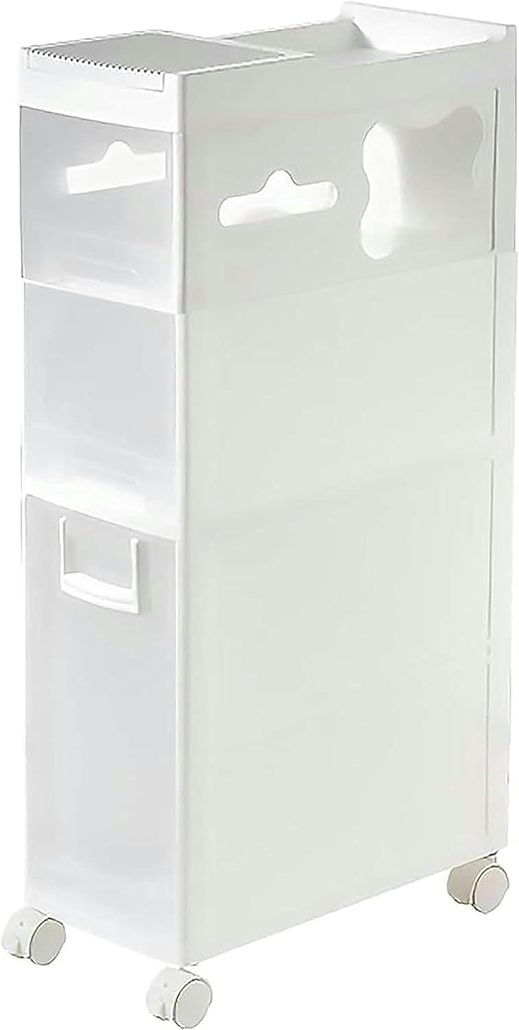 XENITE Narrow Slim Bathroom Floor Cabinet, Skinny Toilet Paper Storage Cabinet with 4 Plastic Drawers and Casters Large Capacity Vertical Storage Unit for Bathroom, Small Spaces, Gaps