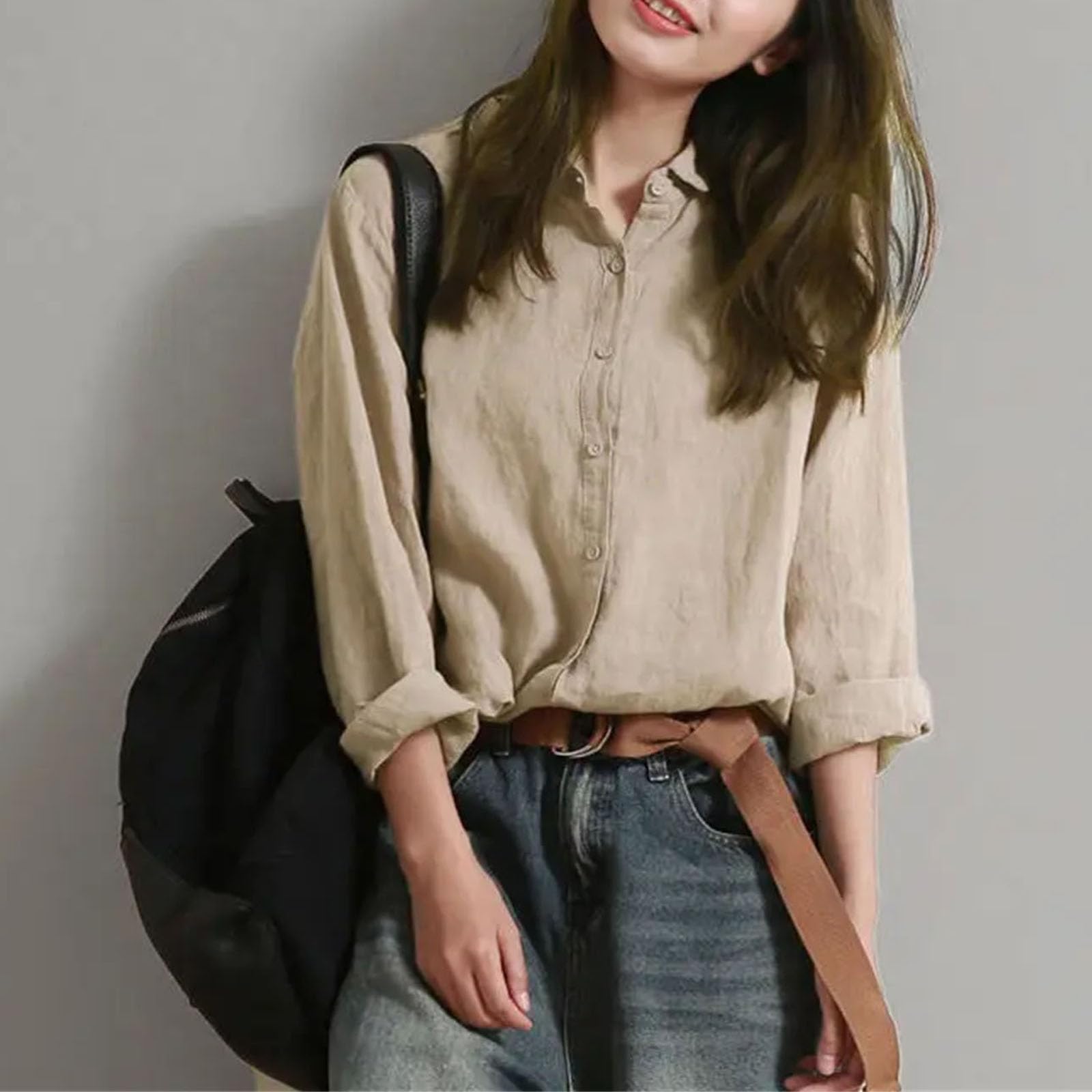 Blusas de manga larga de lino y algodón para mujer, estilo retro, con cuello abatible, informal, de manga larga