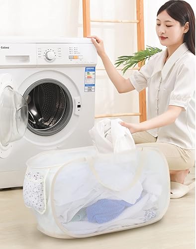 Miniatura 2 de Cestas de lavandería plegables, cesta de lavandería plegable, cestas de malla plegables (cada una con 2 asas reforzadas) (2 beige)..