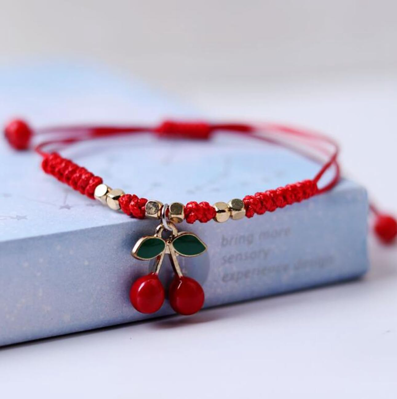 2Pcs Cherry Bracelet Set for Woman Red Rope Adjustable Fruit Jewelry