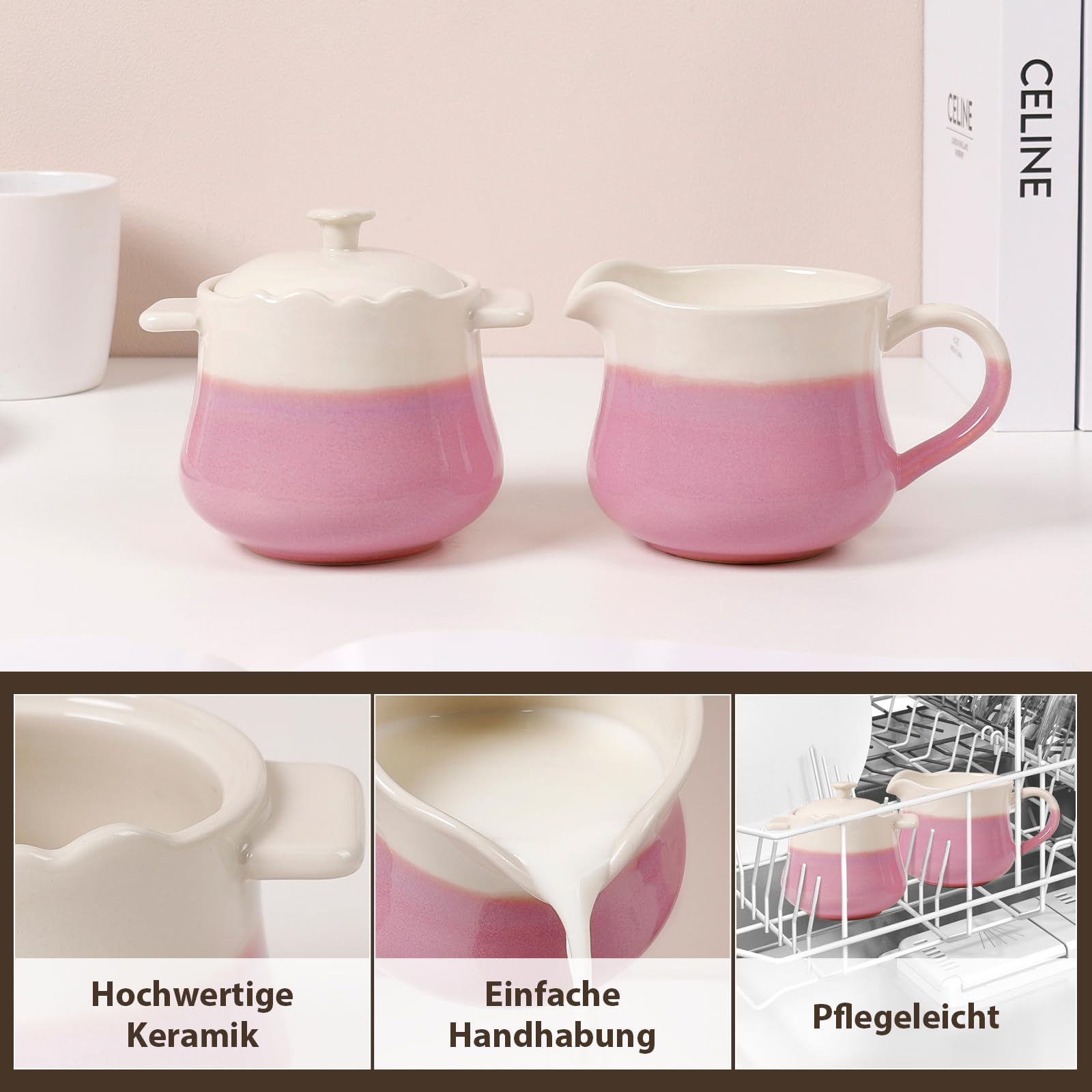 Juego de azúcar y leche de porcelana, azucarero rosa con tapa y jarra de leche, elegante recipiente de cerámica para leche y azucarero, juego de tazas de café y azúcar, ideal para el hogar